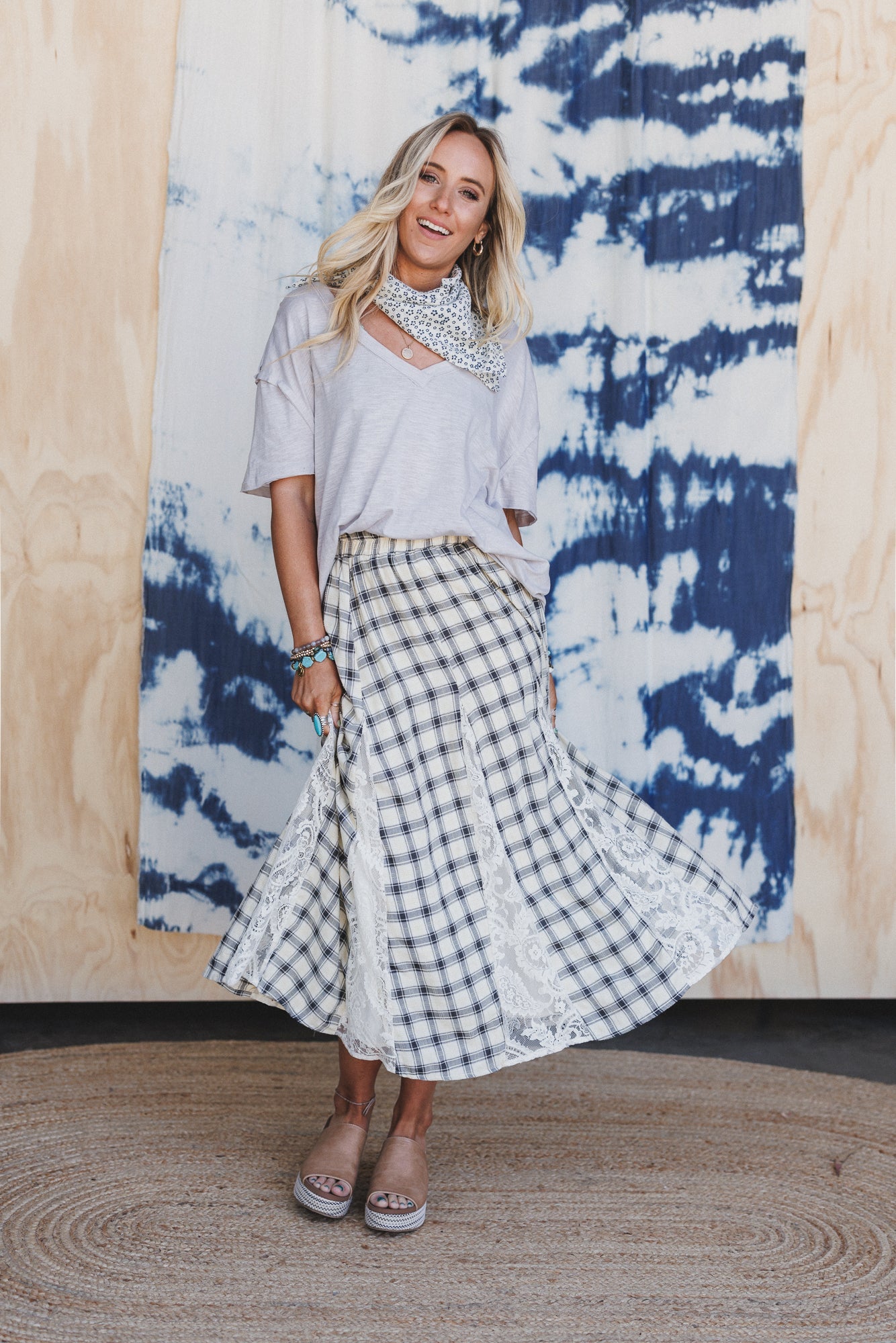 Long Lost Lace Plaid Maxi Skirt - Cream