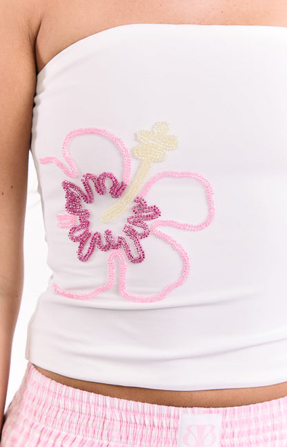 Pippen White Floral Beaded Strapless Top