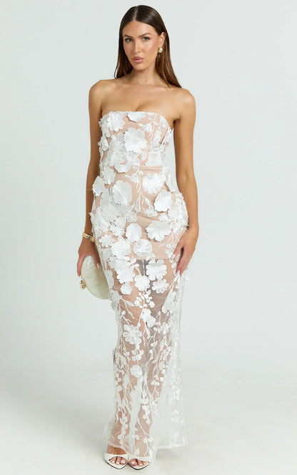 Sienna Maxi Dress 3D Floral Strapless Column Dress in White
