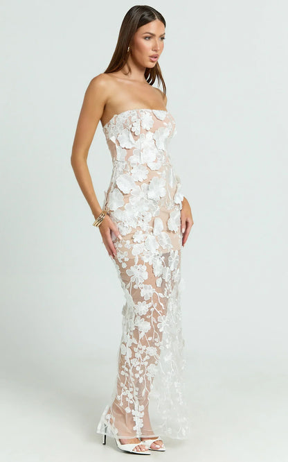 Sienna Maxi Dress 3D Floral Strapless Column Dress in White