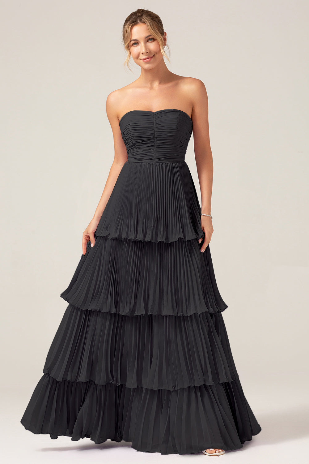 A-Line Sweetheart Tiered Chiffon Long Lilac Bridesmaid Dress with Pleated