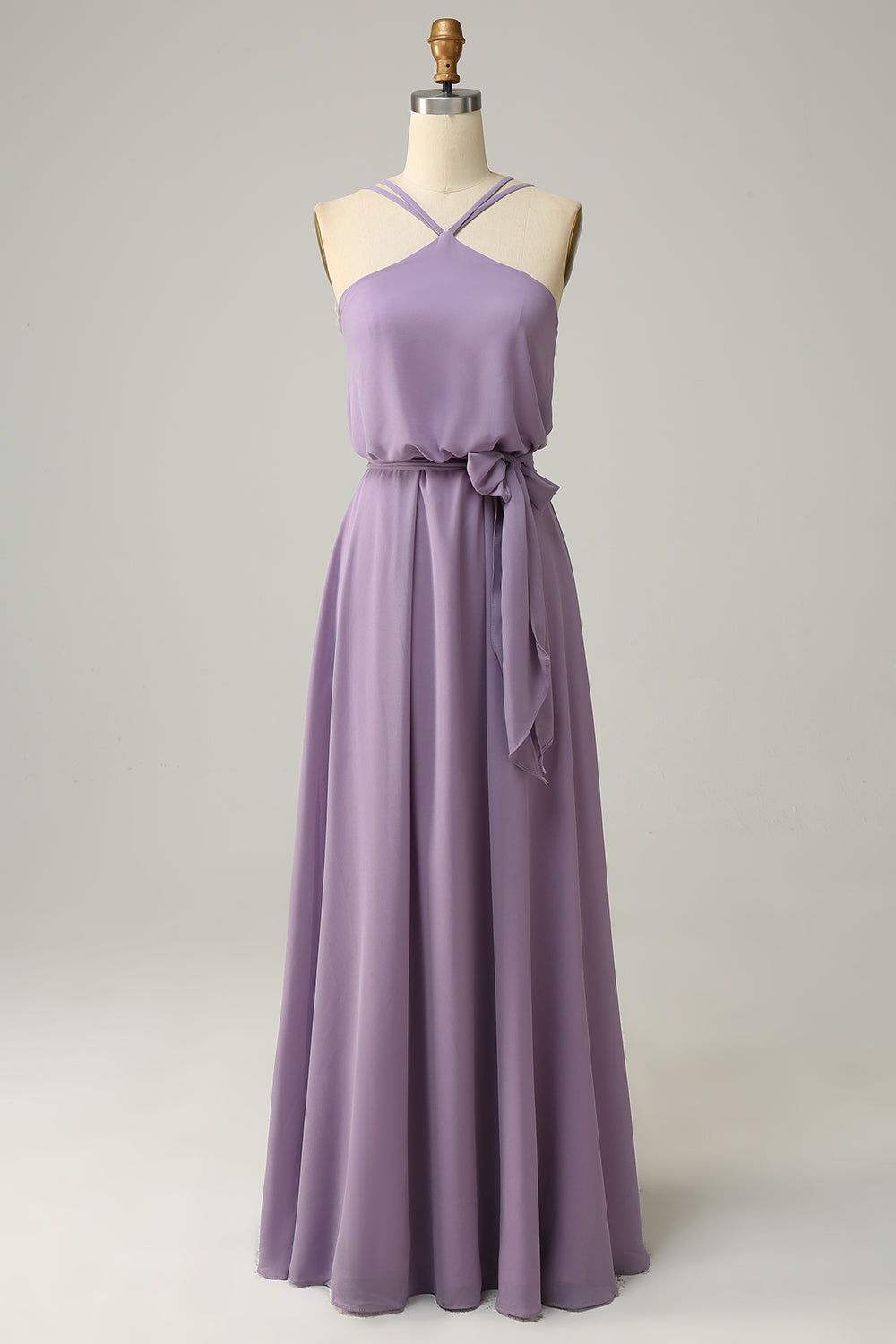A Line Halter Yellow Long Bridemaid Dress with Bowknot