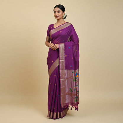MeenaZari linen silk saree in purple with bird and floral zari motifs, handloom by NIIRA
