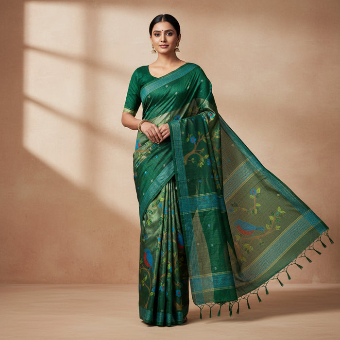 Green saree with bird design and text 'Blouse' on a matching fabric.