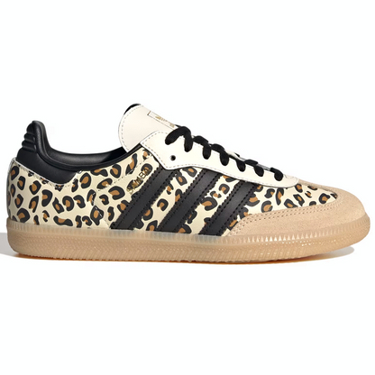 Leopard print sneaker with black stripes on a white background